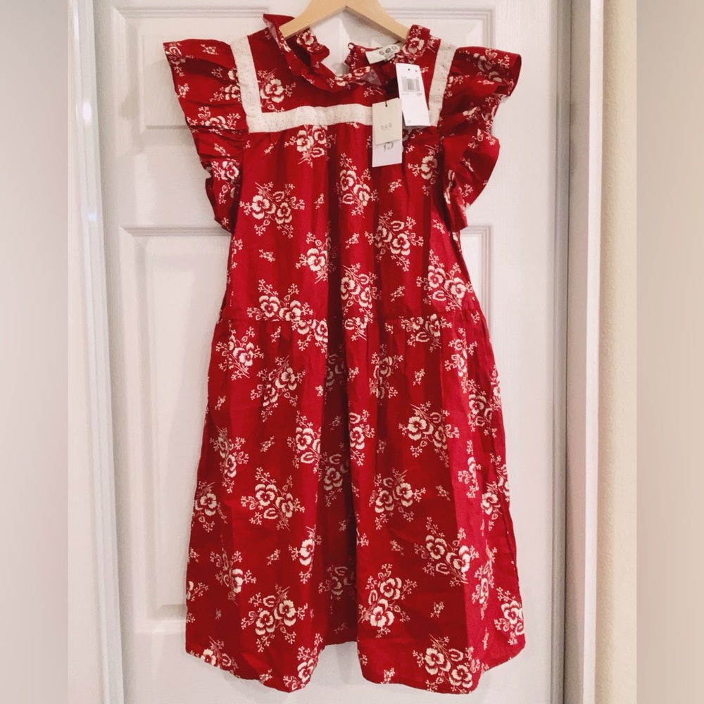 NWT Sea Kids Girl Floral Print Smocked Dress Sz 12 Red White